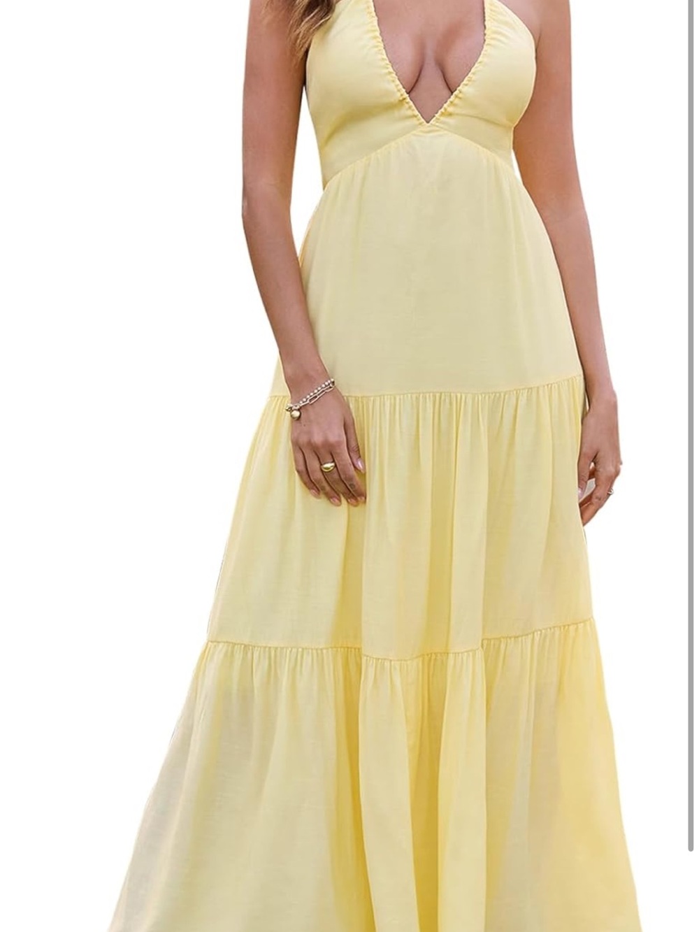 Light Yellow Boho Halter V Neck Sundress Maxi Dress